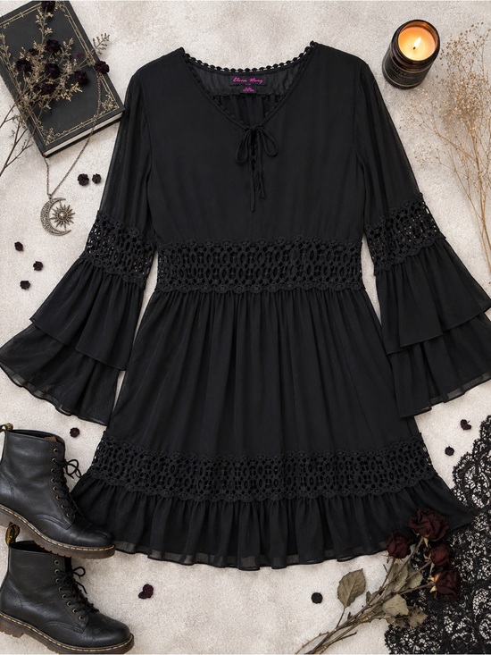 Dresses & Skirts - Elena Wang Black Boho Crochet Lace Bell Sleeve Dress